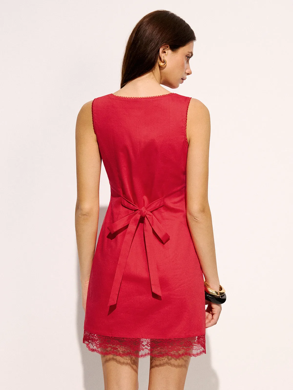 Cotton Button-Front Lace Trim Mini Dress sold by COMMENSE product image thumbnail 3