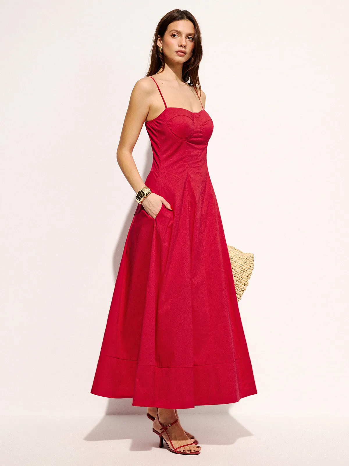 Cotton Blend Pocketed Cami Flared Maxi Dress sold by COMMENSE product image thumbnail 3