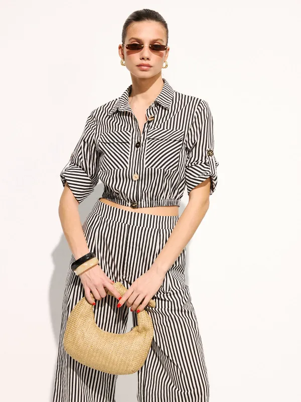 Striped Cropped Shirt & Wide Leg Pants Set made by COMMENSE