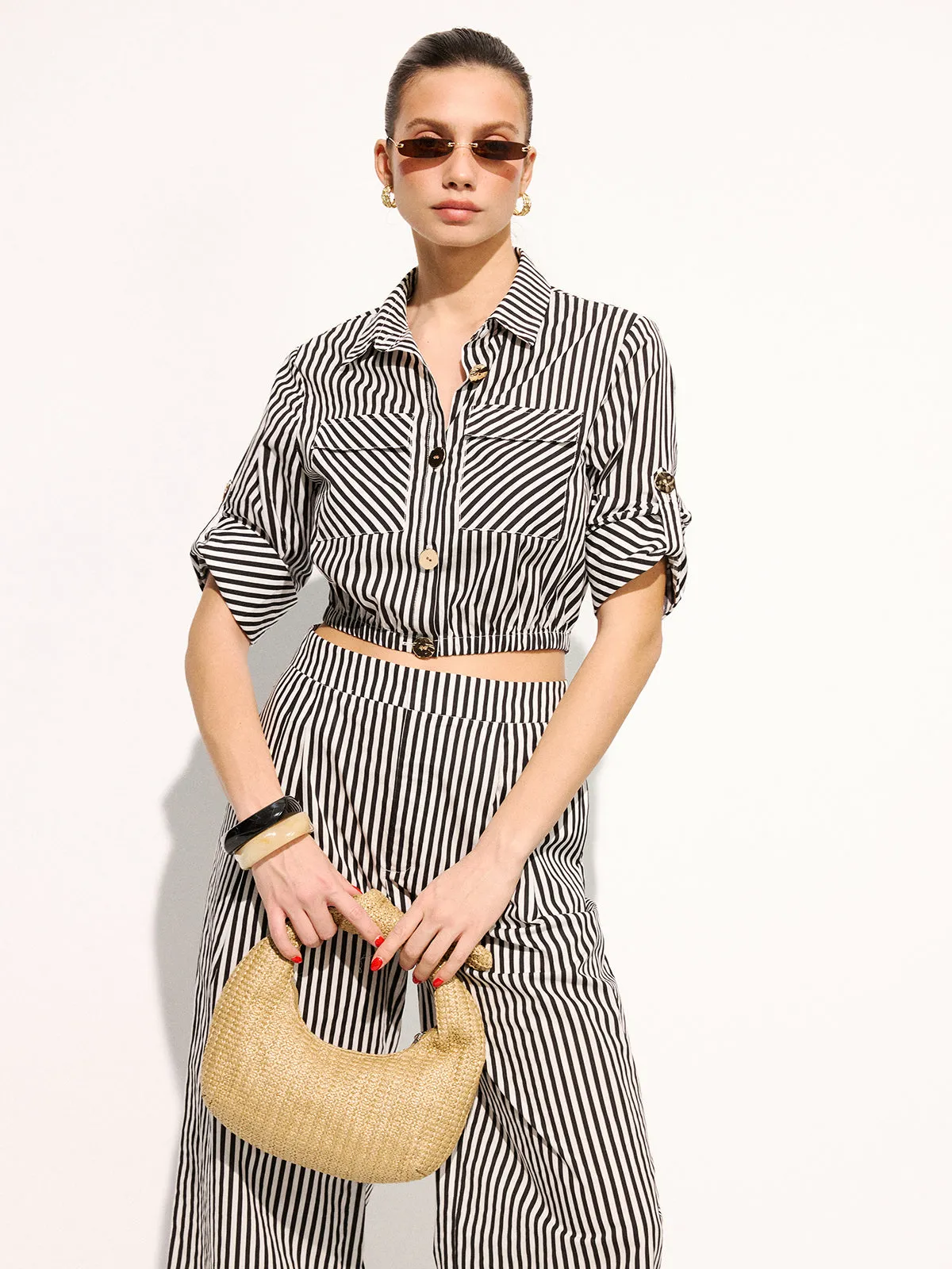 Striped Cropped Shirt & Wide Leg Pants Set sold by COMMENSE