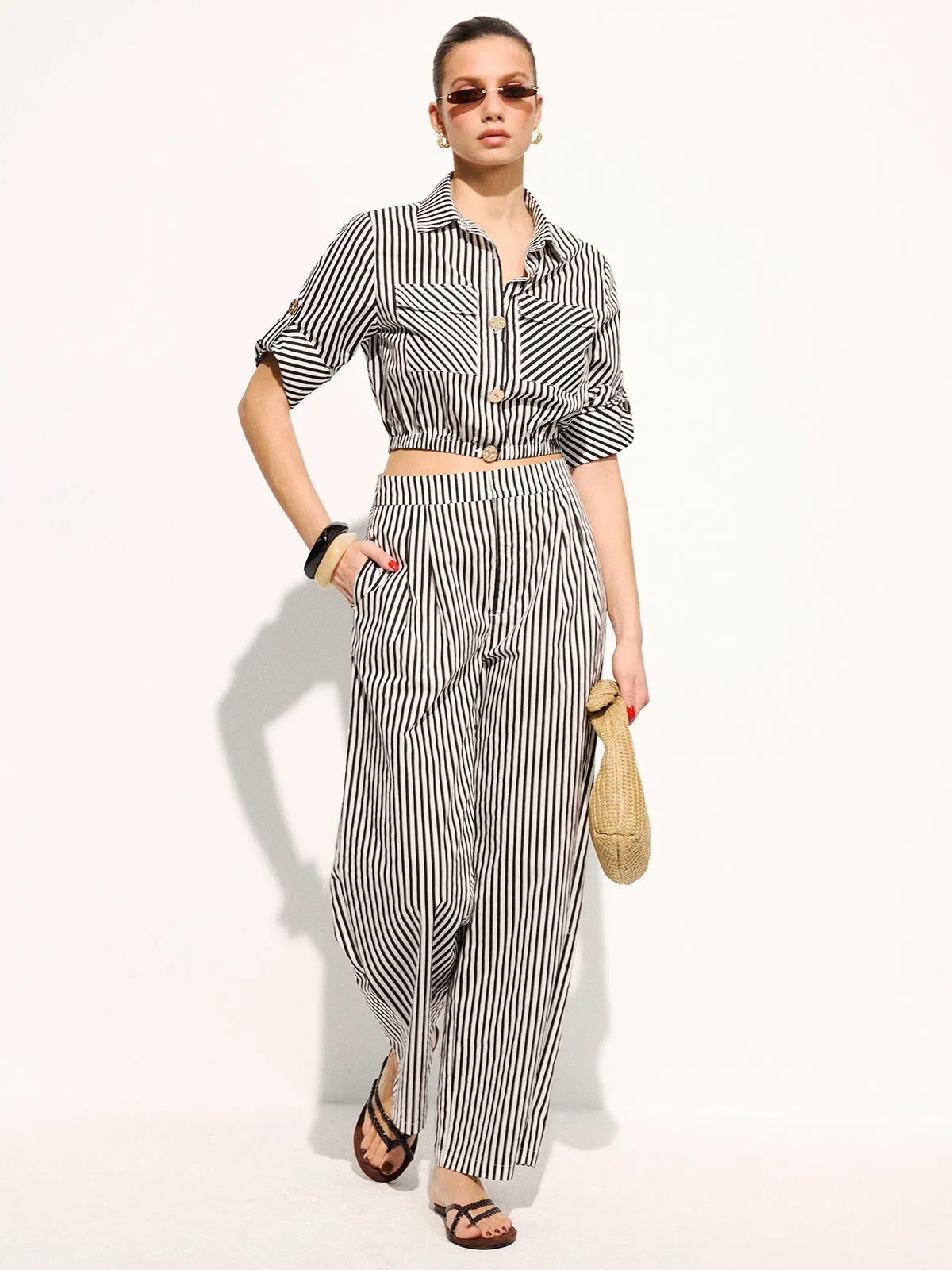 Striped Cropped Shirt & Wide Leg Pants Set sold by COMMENSE product image thumbnail 2