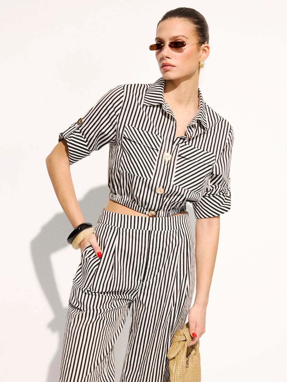 Striped Cropped Shirt & Wide Leg Pants Set sold by COMMENSE product image thumbnail 3