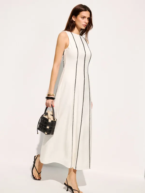 Linen Blend Sleeveless Wavy Trim Maxi Dress made by COMMENSE