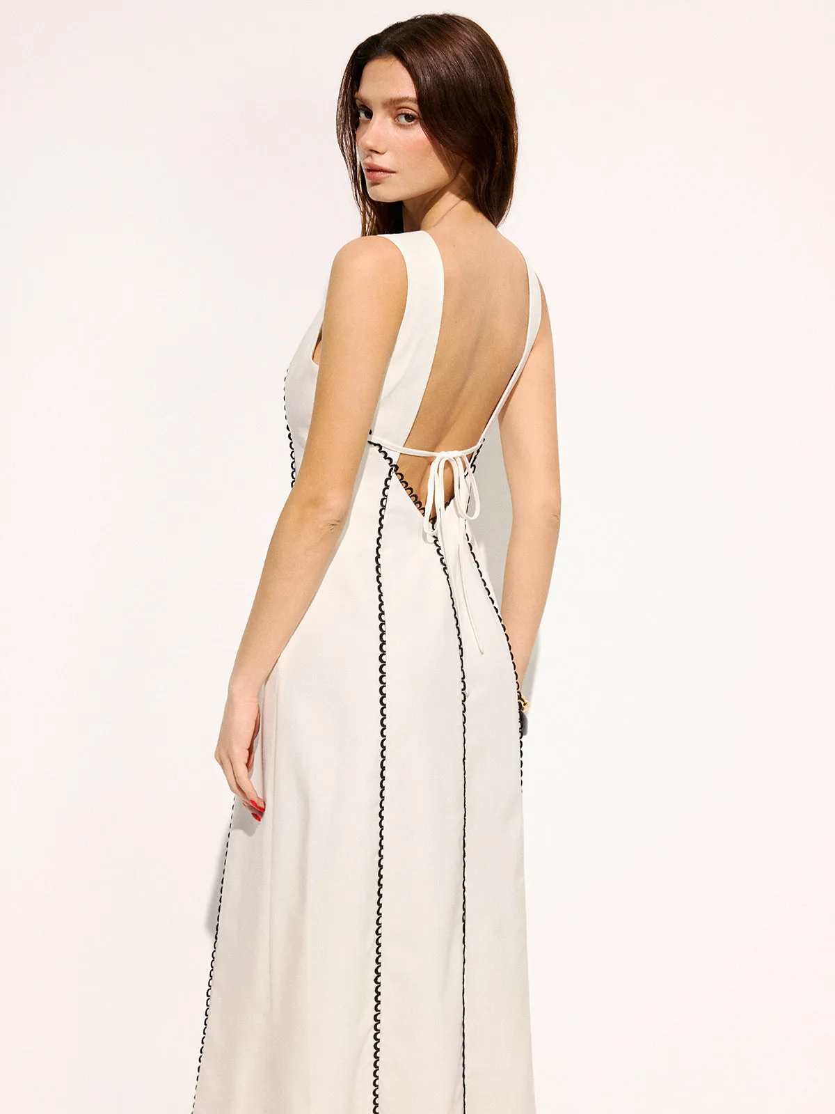 Linen Blend Sleeveless Wavy Trim Maxi Dress sold by COMMENSE product image thumbnail 2