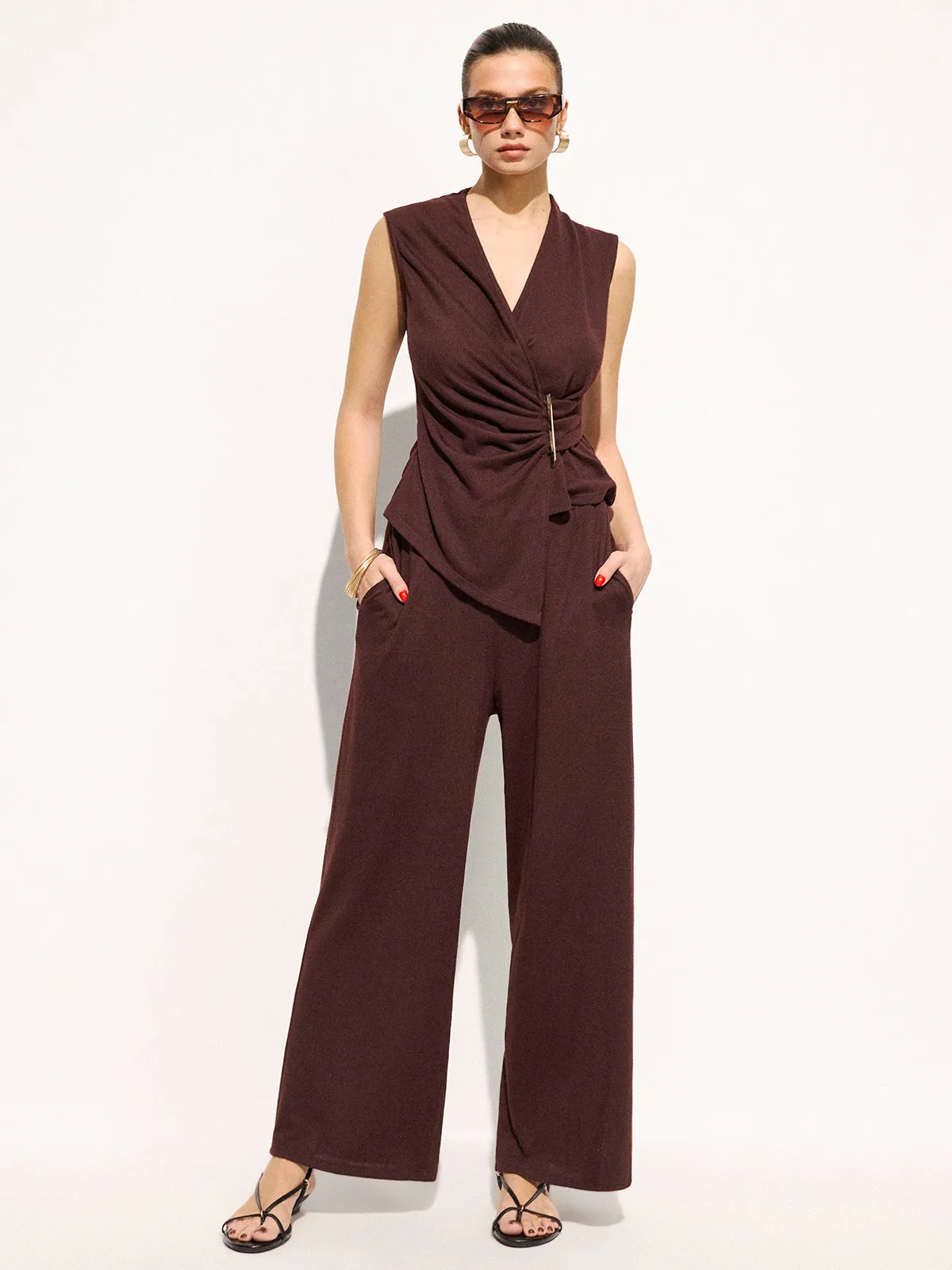 Metal Detail Ruched Top & Pants Set sold by COMMENSE