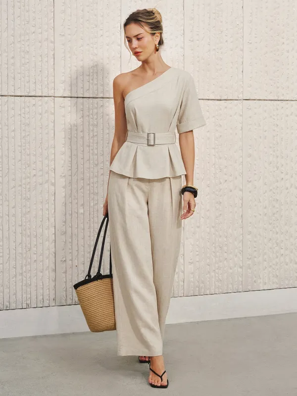 Cotton Linen One Shoulder Belted Top & Pants Set made by COMMENSE