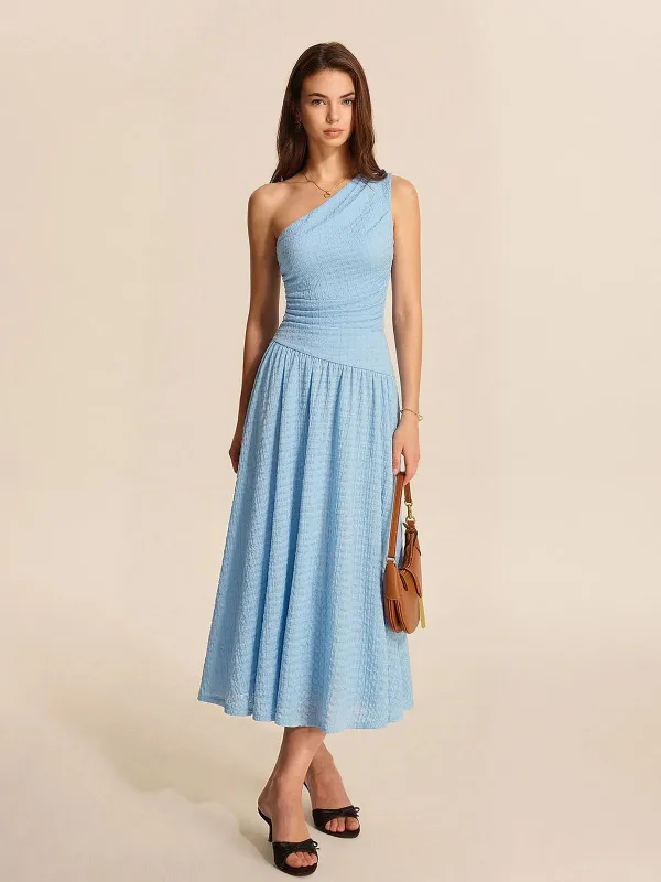 One-Shoulder Ruched Textured Midi Dress sold by COMMENSE