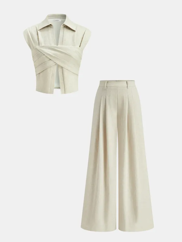 Cotton Linen Wrap Top & Pleated Pants Set sold by COMMENSE