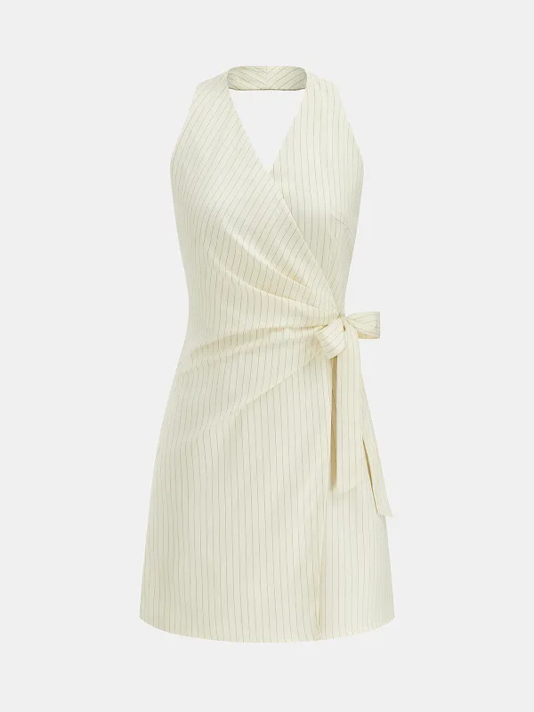 Striped Halter Wrap Tie Mini Dress made by COMMENSE