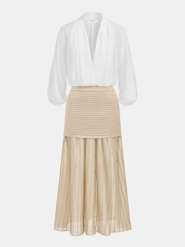 Puff Sleeve Draped Deep V-Neck Bodysuit made by COMMENSE