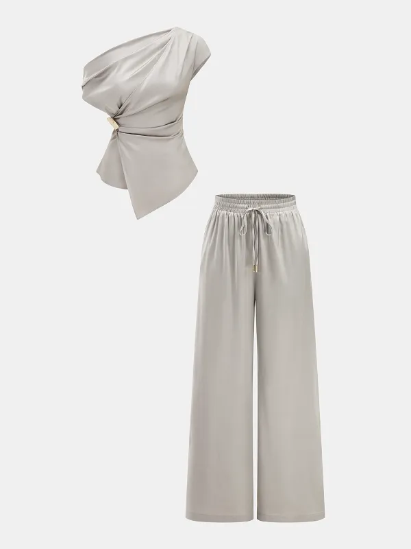 Satin One-Shoulder Top & Drawstring Pants Set made by COMMENSE