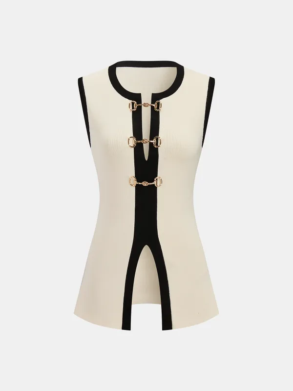 Contrast Trim Horsebit Sleeveless Knit Top sold by COMMENSE