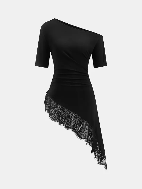 Half Sleeve Off Shoulder Asymmetric Lace Hem Top made by COMMENSE