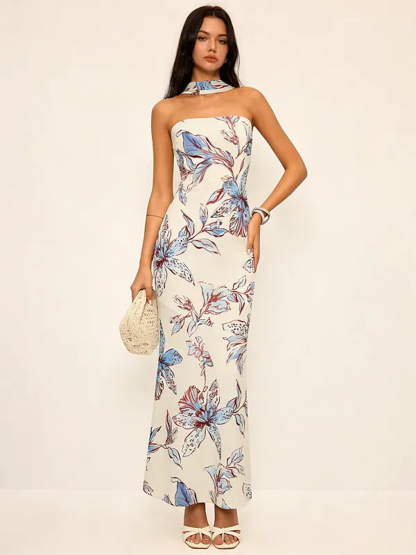 Floral Print Halter Maxi Dress made by COMMENSE