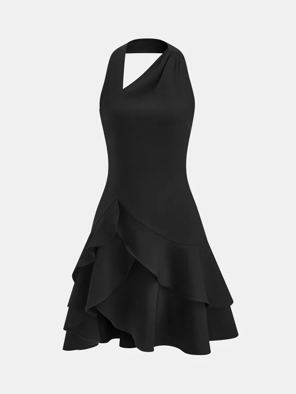 Halter Asymmetric Ruffled Mini Dress made by COMMENSE
