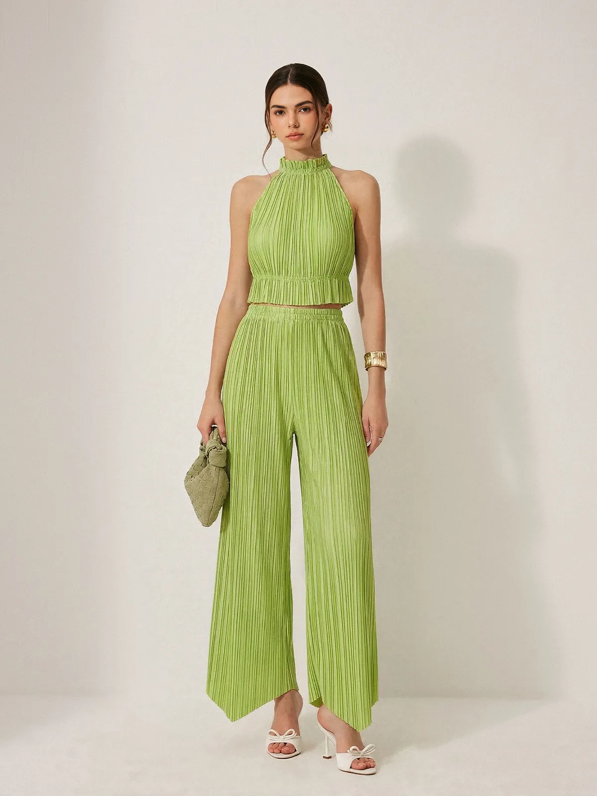 Pleated Halter Crop Top & Pants Set sold by COMMENSE
