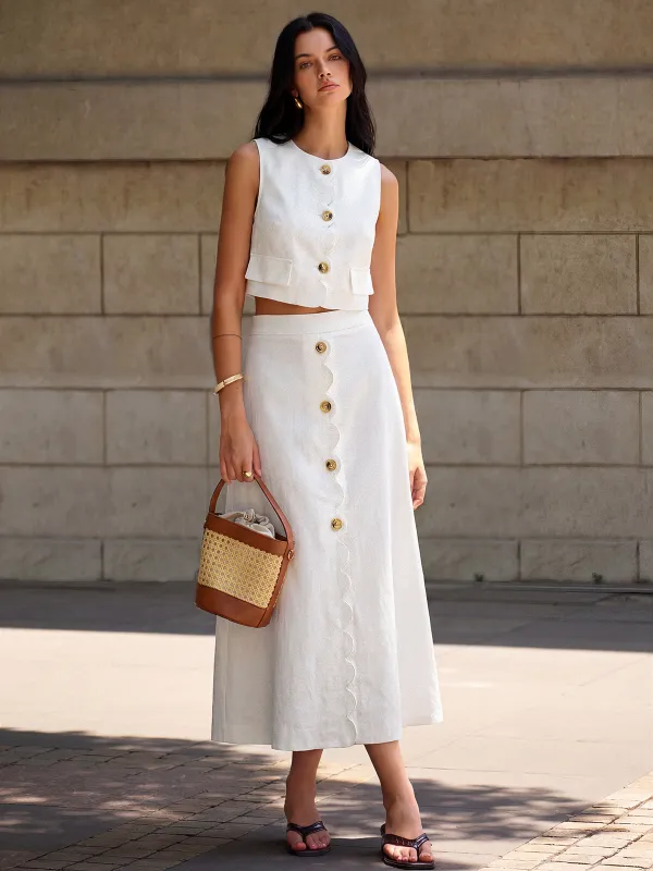 Cotton Linen Scallop Trim Vest & Skirt Set made by COMMENSE