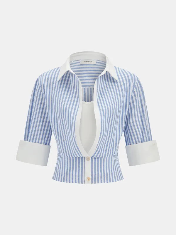 Striped Cotton Blend Cropped Shirt made by COMMENSE
