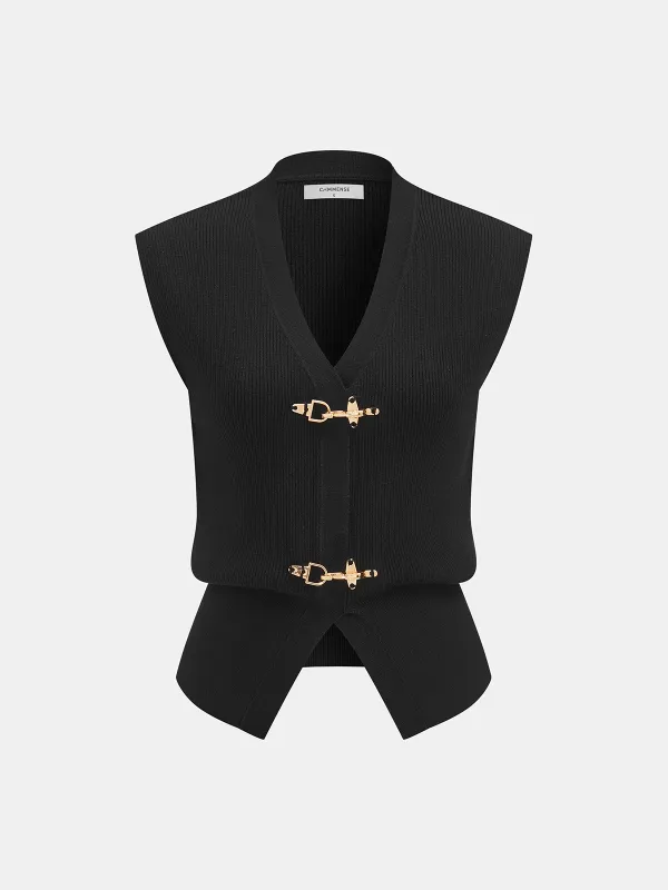 Metal Buckle Sleeveless Knit Cardigan made by COMMENSE