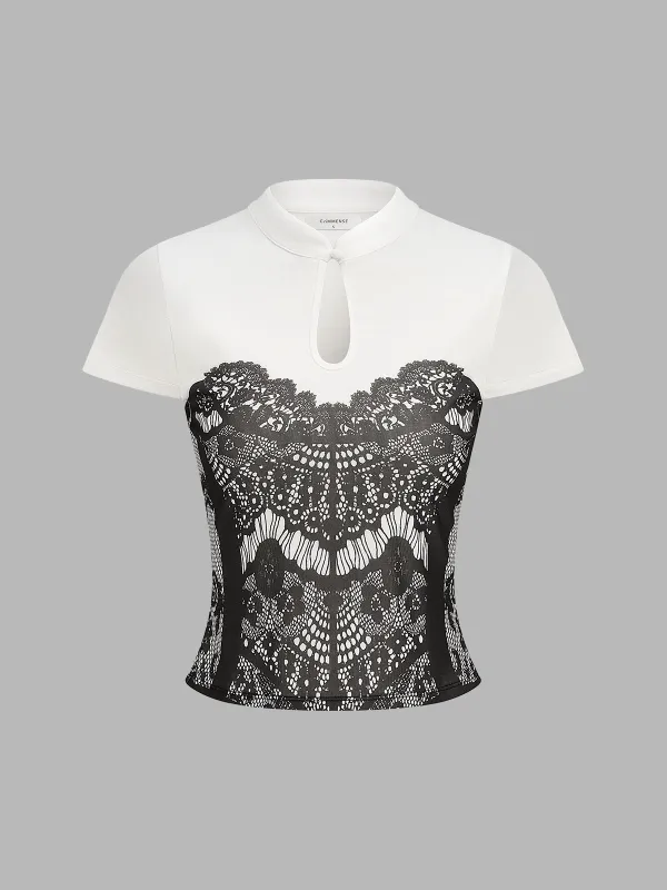 Lace Print Keyhole Neck Short Sleeve Top made by COMMENSE