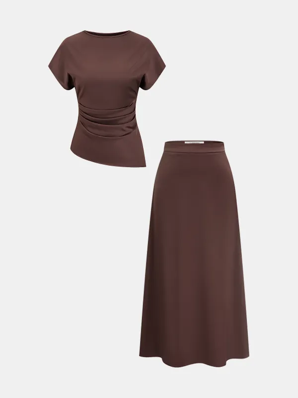 Ruched Asymmetrical Top & Midi Skirt Set made by COMMENSE