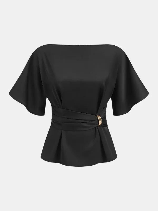 Metal Buckle Boat Neck Cinched Waist Blouse made by COMMENSE