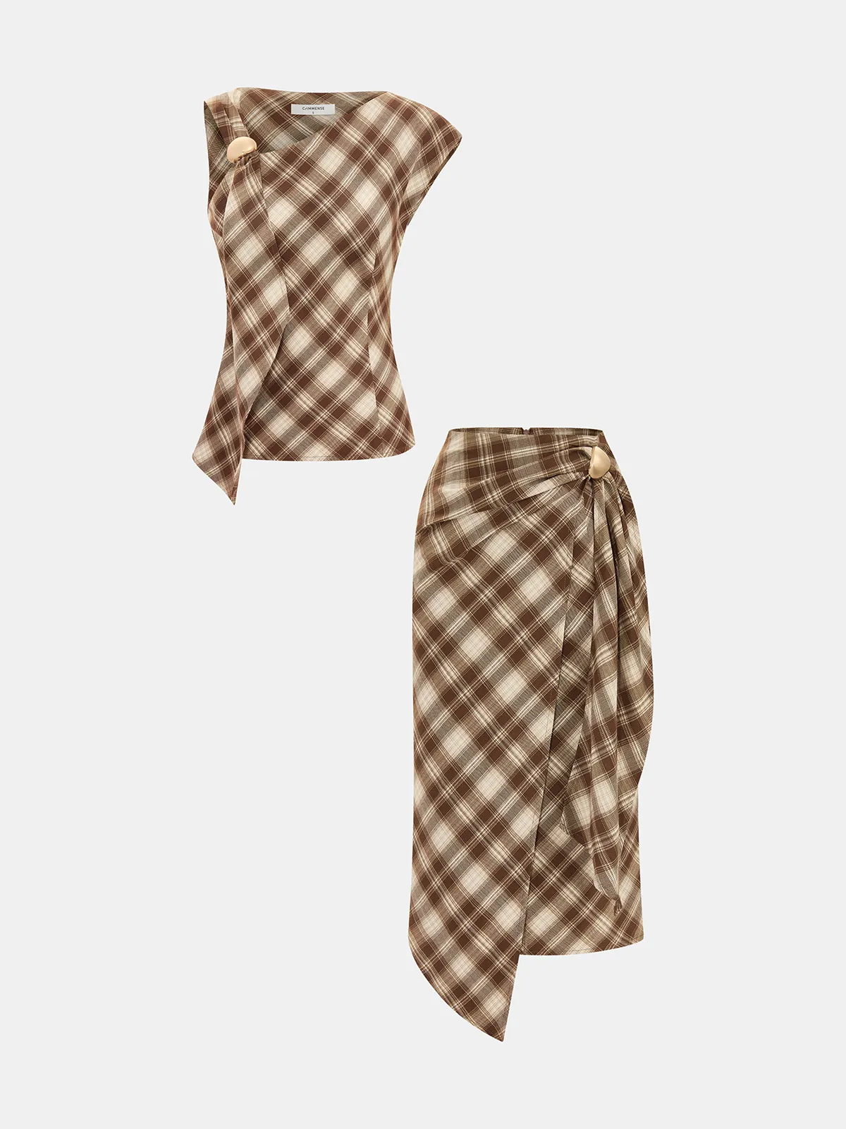 Plaid Asymmetric Top & Wrap Skirt Set sold by COMMENSE