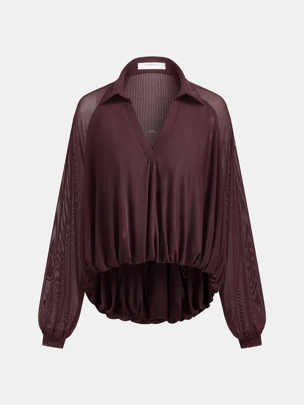 Long Sleeve V-Neck Sheer Loose Blouse made by COMMENSE