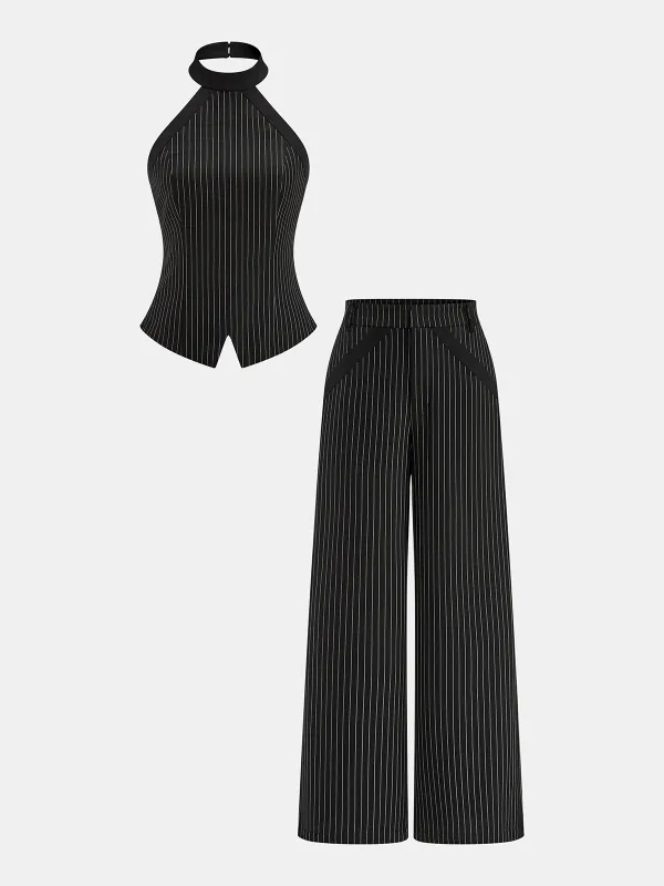 Pinstripe Halter Top & Wide Leg Pants Set made by COMMENSE