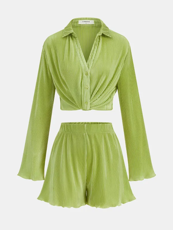 Pleated Twist Front Crop Shirt & Shorts Set made by COMMENSE