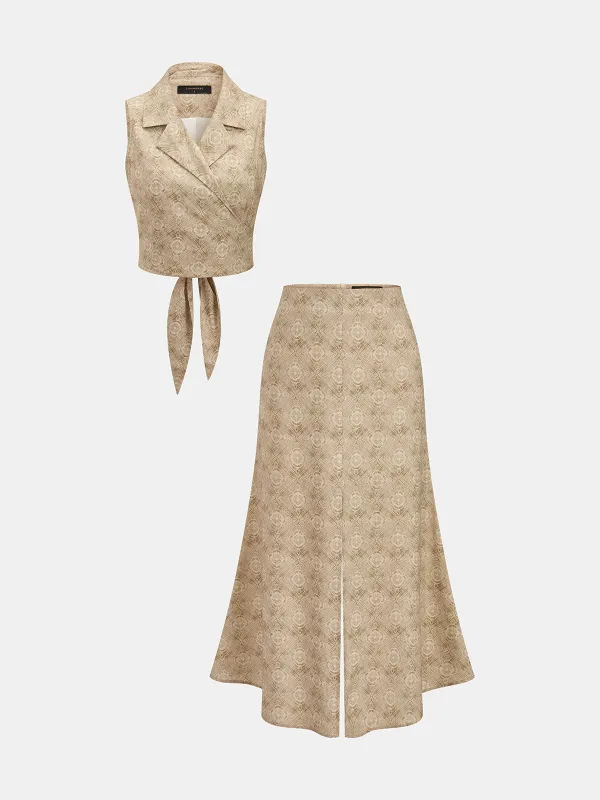 Linen Blend Printed Vest & Midi Skirt Set made by COMMENSE