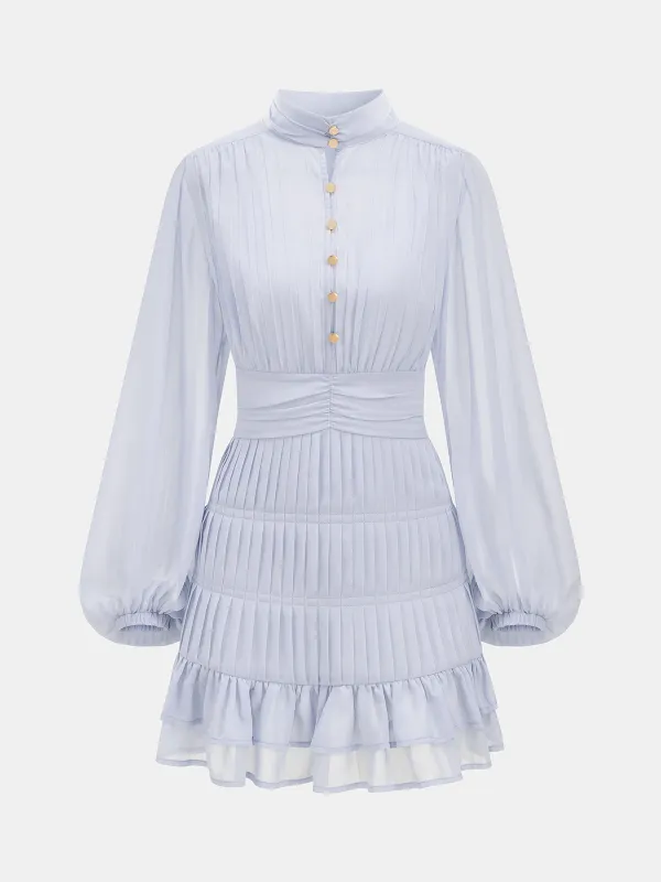Pleated Button Long Sleeve Ruffled Mini Dress made by COMMENSE