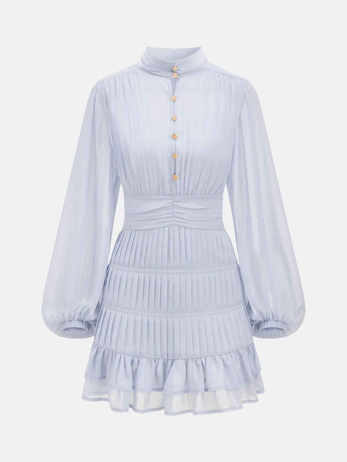 Pleated Button Long Sleeve Ruffled Mini Dress sold by COMMENSE