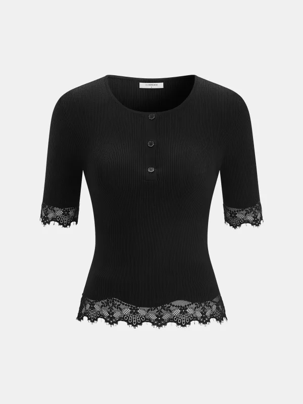 Lace Trim Button Front Ribbed Knit Top made by COMMENSE