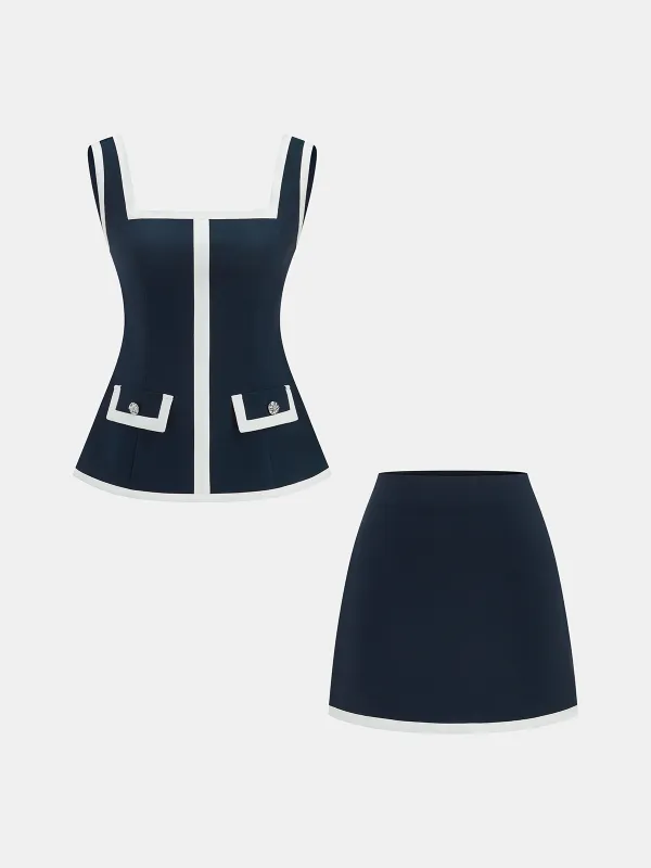 Contrast Trim Strappy Top & Mini Skirt Set made by COMMENSE