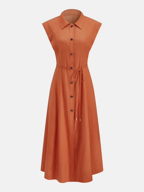 Linen Blend Sleeveless Button Tie-Waist Shirt Dress made by COMMENSE