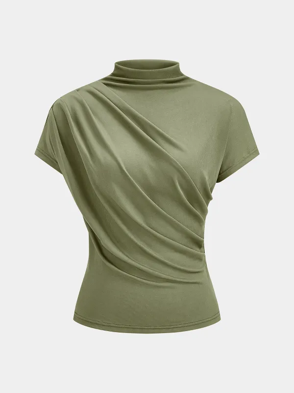 Ruched Mock Neck Short Sleeve Top made by COMMENSE