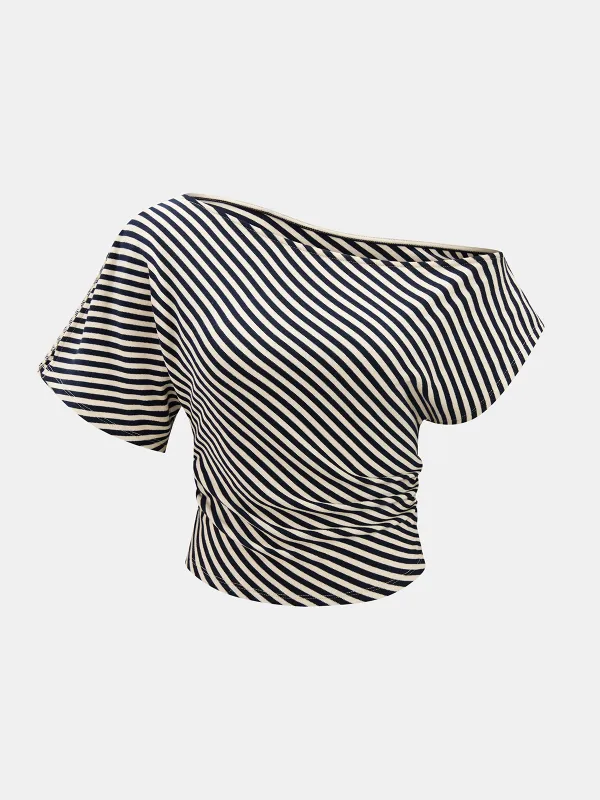 Off Shoulder Cotton Blend Striped Ruched Top made by COMMENSE