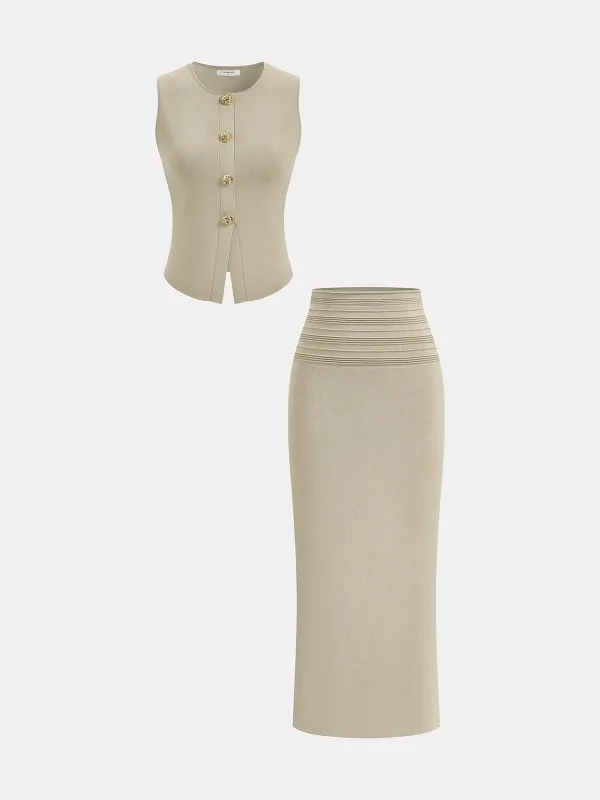 Sleeveless Knit Vest & Midi Skirt Set sold by COMMENSE