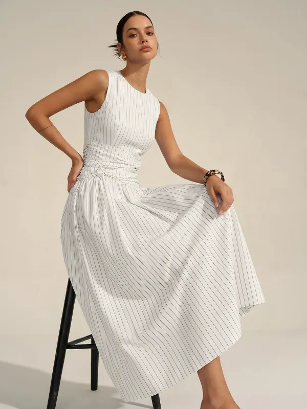 Cotton Blend Striped Ruched Sleeveless Maxi Dress made by COMMENSE