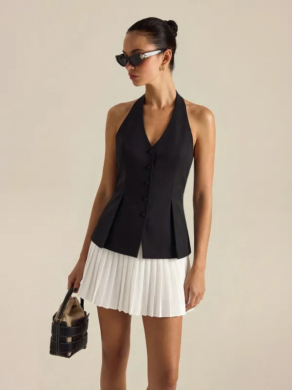 Halter Buttoned Vest & Pleated Mini Skirt Set made by COMMENSE