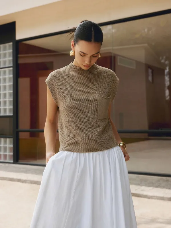 Sleeveless Mock Neck Pocket Knit Top made by COMMENSE