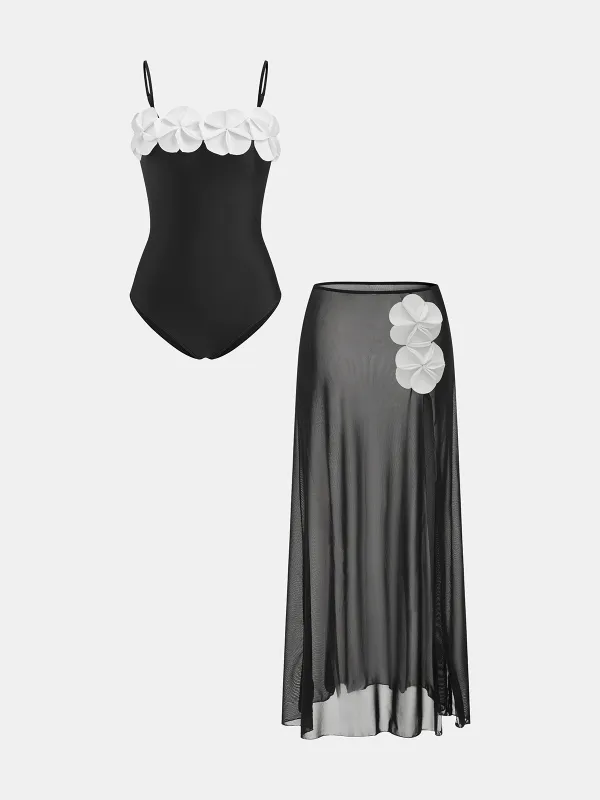 3D Floral One Piece Swimsuit Skirt Set made by COMMENSE