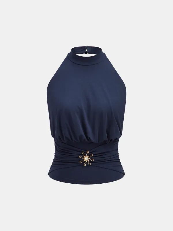 Pearl Embellished Ruched Halter Tank Top made by COMMENSE