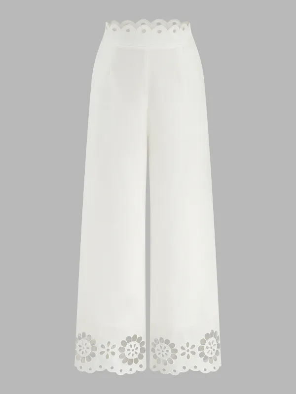 Scalloped Eyelet Linen Blend Wide Leg Pants made by COMMENSE