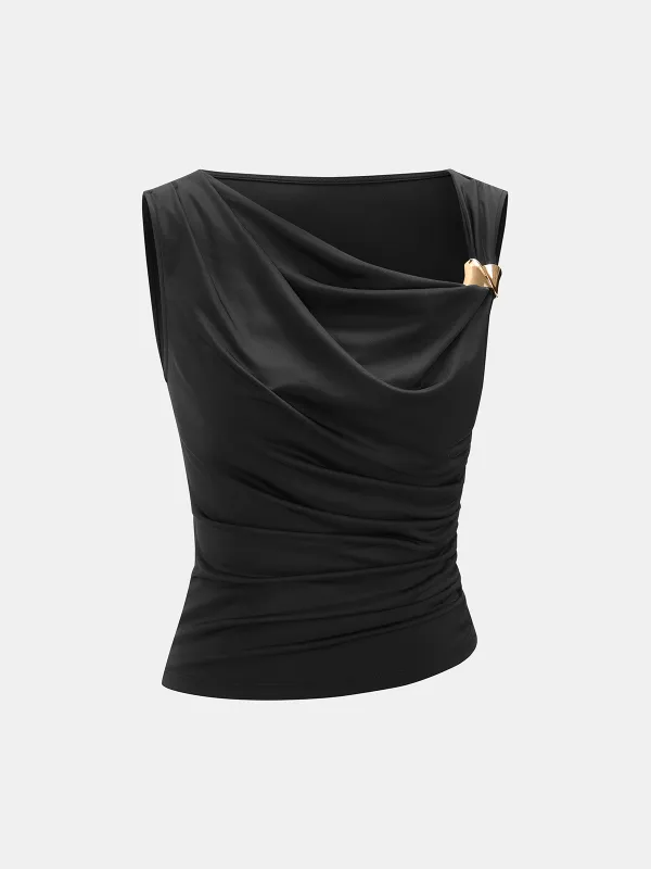 Metal Detail Satin Ruched Cowl Neck Tank Top made by COMMENSE