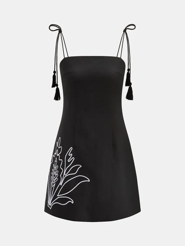 Tassel Tie Embroidered Linen Blend Mini Dress made by COMMENSE