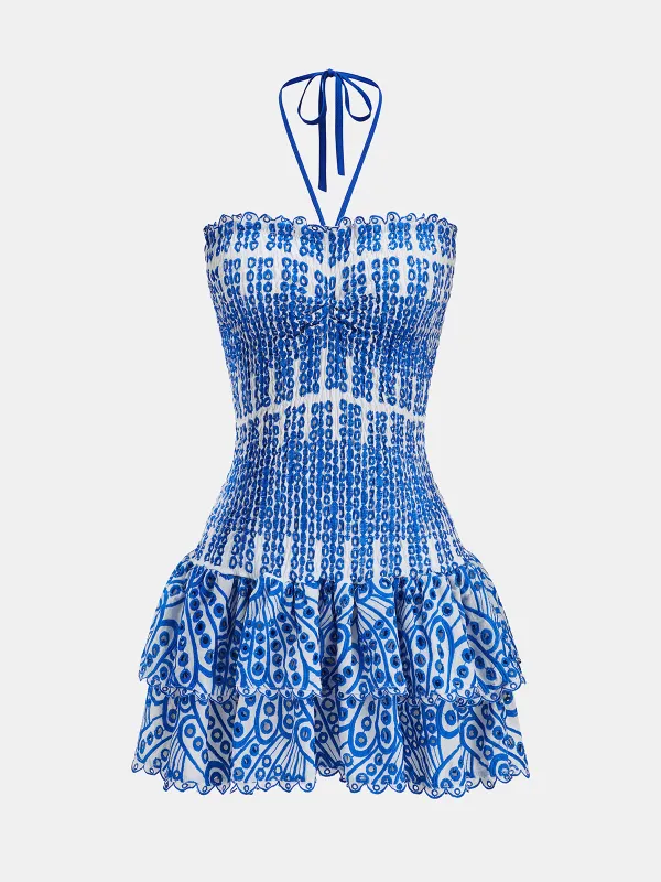 Halter Smocked Embroidered Layered Mini Dress sold by COMMENSE