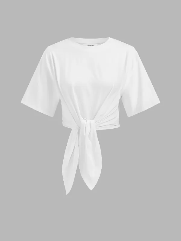 Cotton Knotted Short Sleeve Crop Top made by COMMENSE