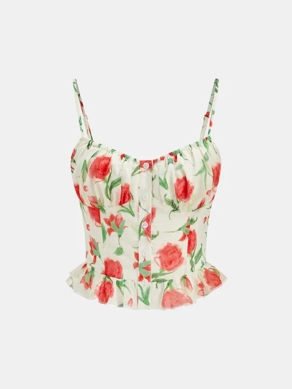 Floral Print Button Front Ruffled Cami Top made by COMMENSE
